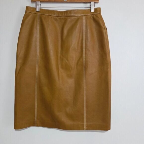 EUC LIKE NEW ELLEN TRACY LINDA ALLARD TAN GENUINE LEATHER PENCIL SKIRT SIZE 10 - Picture 2 of 16